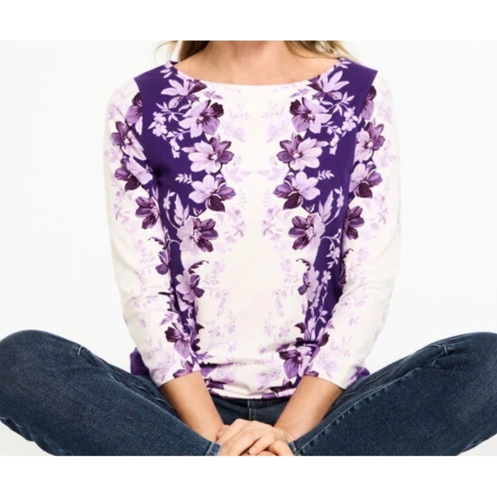 Talbots Purple White Floral Bateau 3/4 Tee Shirt S NEW boho whimsi dainty retro